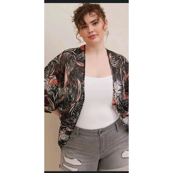 Torrid Women's Size 1/2 Chiffon Clip Dot Cocoon Kimono Palm Tree Semi Sheer Boho - Picture 2 of 9